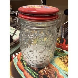 Glass Canister Pioneer Woman Medley Red Floral Lid Metal Clamp 6.5 Inch